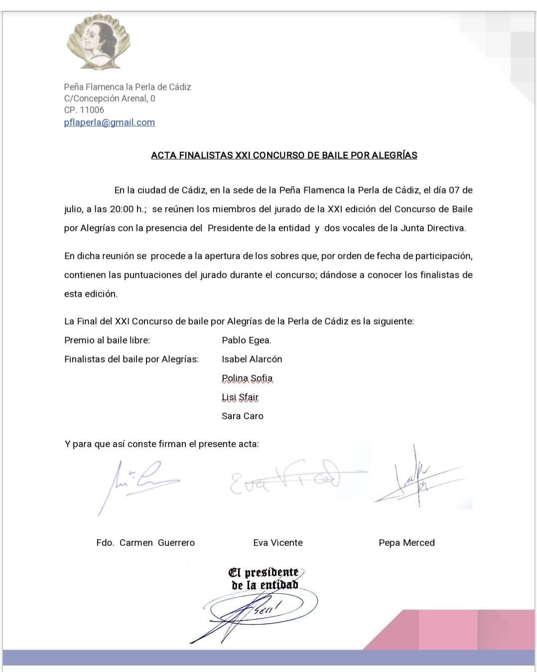  ACTA DE LOS FINALISTAS DEL XXI CONCURSO INTERNACIONAL DE BAILE POR ALEGRÍAS